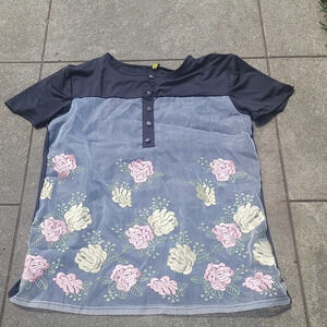 Stretch back black blouse with rose floral cream and pink embroidered front